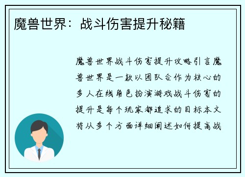 魔兽世界：战斗伤害提升秘籍